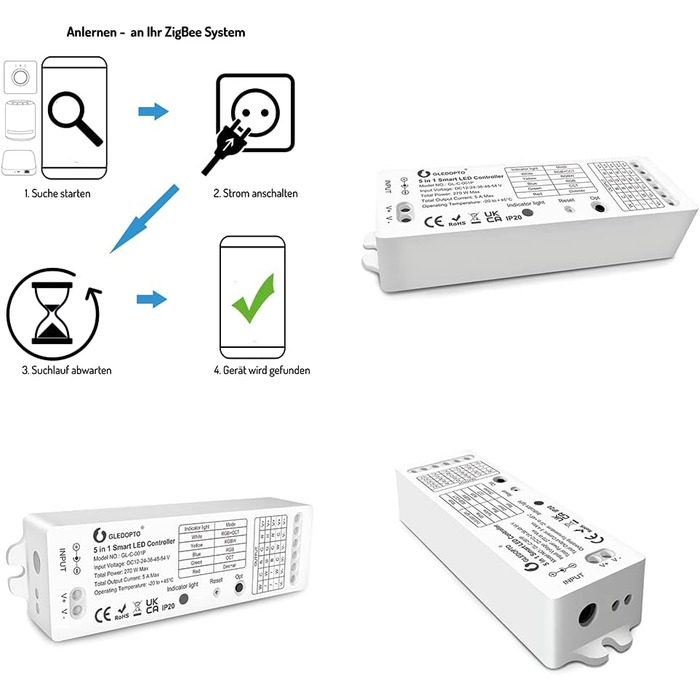 Контролер GLEDOPTO ZigBee для світлодіодної стрічки RGBCCT WRGBWW для 12 В або 24 В протестовано з Philips Hue*, Alexa Echo Plus, Homee (серія 5в1 Pro)