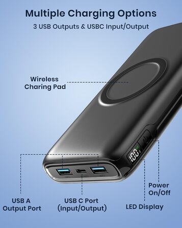 Бездротовий Powerbank 27000mAh 22.5W Швидка зарядка PD QC 3.0 Зовнішня батарея зі світлодіодним дисплеєм та 4 виходами Бездротовий портативний зарядний пристрій для смартфонів, планшетів більше (чорний)