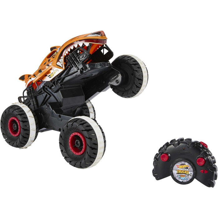 Машинка на дистанційному управлінні Hot Wheels Monster Trucks Tiger Shark, з технологією Terrain Stomp для руху, схожого на тваринний, режим коліщатка для включення 2-х коліс, іграшка від 4 років, HGV87 Orange-1.15 Tiger Shark