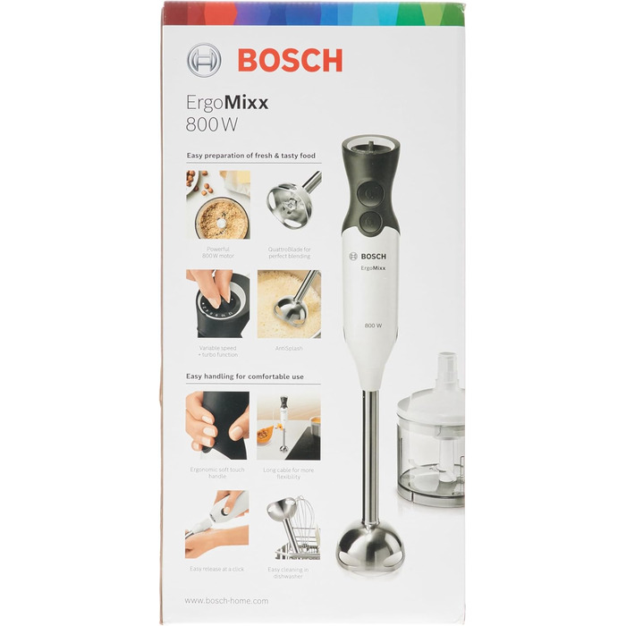 Ручний блендер Bosch ErgoMixx MS6CA4150, ніжка блендера з нержавіючої сталі, чашка для змішування та вимірювання, віночок, 4-лезовий ніж, легкий корпус, 12 рівнів плюс турбошвидкість, 800 Вт, білий/антрацит