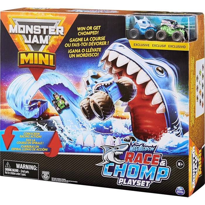 Ігровий набір Monster Jam, Mini Megalodon Race та Chomp з 2 міні-вантажівками у масштабі 187, іграшка-монстр-трак для дітей віком від 3 років і старше