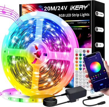 Світлодіодна стрічка 20м RGB Amb. зміна кольору світлодіодної стрічки з 16 мільйонами кольорів, синхронізація світлодіодної стрічки з музикою, з пультом дистанційного керування, світлодіодна стрічка для внутрішнього оздоблення спальні (1 рулон 20М)