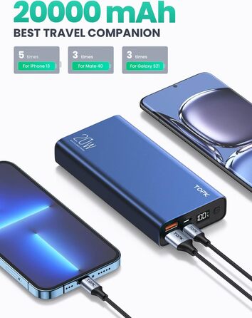 Швидка зарядка USB C Powerbank 20000mah LED Display Зовнішній акумулятор сумісний зі смартфоном, планшетами тощо. версія 2022 20 Вт синій, 20W PD QC3.0