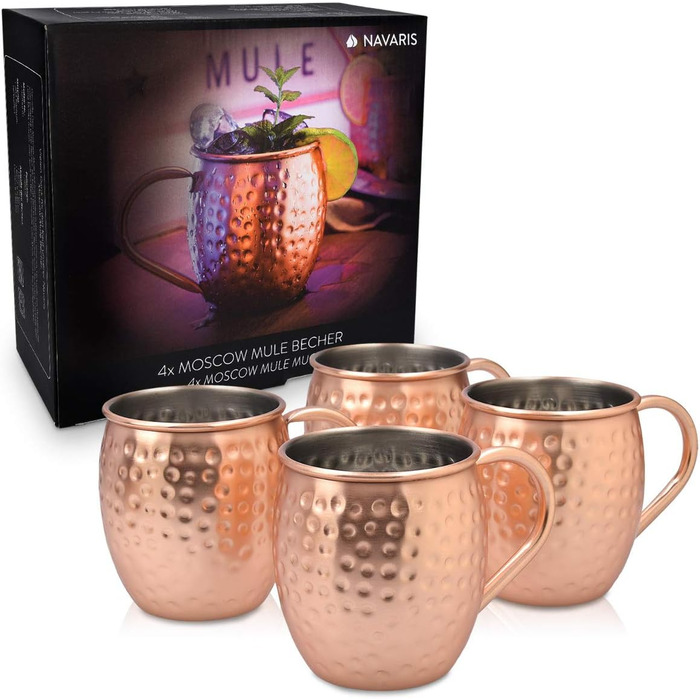 Набір кухлів Navaris Moscow Mule Mug Набір з 4-х мідних кухлів - 4-х мідні кухлі для пива Москва Мул Джин - Коктейльний кухоль кований - Кухоль з нержавіючої сталі з міддю - Набір з 4-х, кований