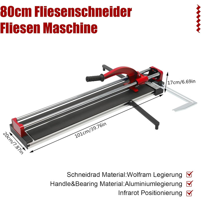 Плиткоріз Mermajestic 800 мм, подвійні рейкові кронштейни, ручний плиткоріз 3/5 в ковпачку з відрізним кругом з вольфрамового сплаву, інструменти для плиткорізів, балансувальний кронштейн, лінійка (червоний)