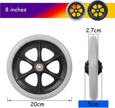 Дюймові / 7-дюймові / 8-дюймові змінні колеса для ходунків, змінні передні колеса для ролерів, підходять для інвалідних транспортних засобів, ролерів, ходунків, нековзні / зносостійкі, 6-