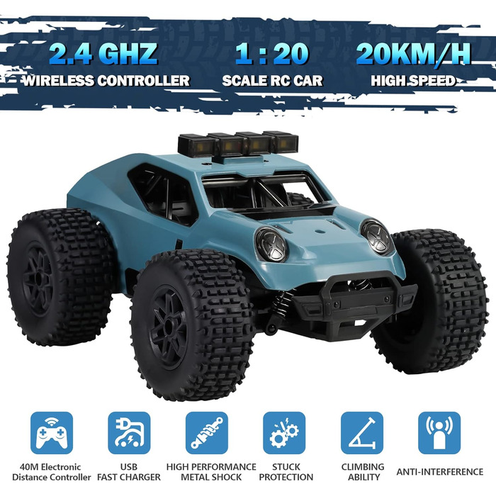 Автомобіль на дистанційному управлінні Kizeefun, 2.4Ghz 1/20 RC автомобіль позашляховик 20 км/год всюдихід, електрична іграшка, позашляховик з 2 батареями 50хв гри і світлодіодними фарами, подарунок для дітей синій