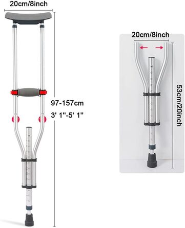 Складні милиці для пахв для дорослих, алюмінієві медичні регульовані милиці зі зручними накладками на передпліччя та ручками, застосовна висота 140-200см (розмір )