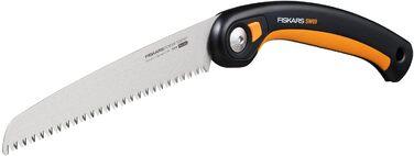 Складна пила Fiskars Plus, для товстих колод і гілок, 3 положення різання, гостре лезо з електроприводом, груба зубчастість, довжина леза 21 см, чорний/помаранчевий, пила SW69, 1067553 (полотно 20 см)