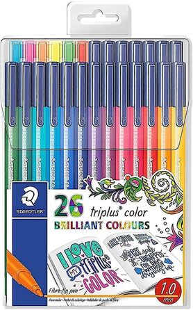 Фломастери STAEDTLER triplus color 323 TB26JB, трикутні, набір 26 яскравих кольорів, акція 20 6 безкоштовно, висока якість, стабільний, стійкий наконечник, ширина лінії приблизно 1 мм 26 шт. (1 упаковка) пластиковий кейс