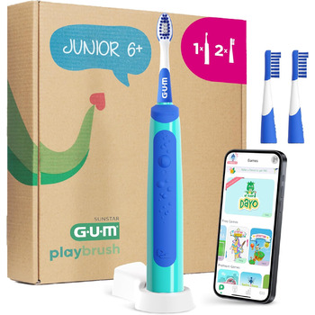 Електрична зубна щітка GUM Playbrush JUNIOR 6 Інтерактивний ігровий додаток 2 режими очищення Дуже м&39яка щетина Батарея на 8 тижнів Таймер звукова зубна щітка, акумуляторна 2 додаткові насадки для щіток Синій