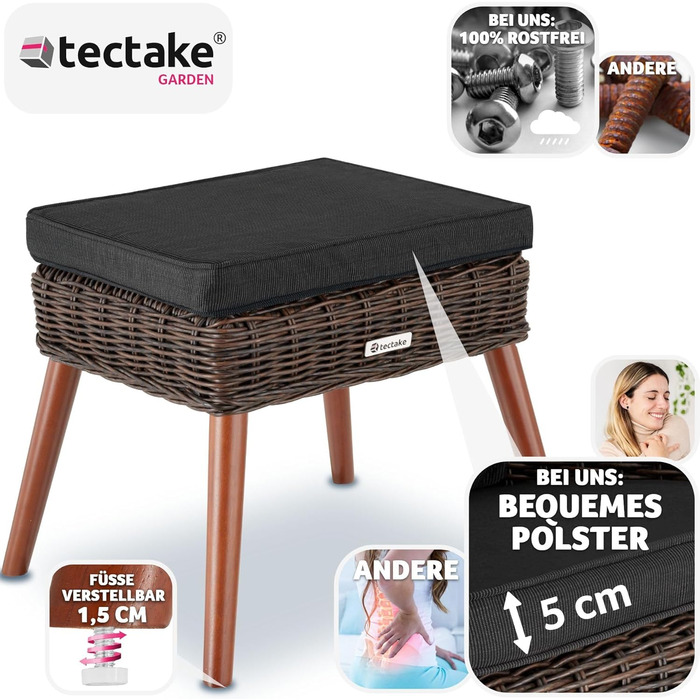 Табурет для ніг tectake Alu Poly Rattan з оббивкою, 54,5 x 44,5 x 46,5 см, вуличні меблі, лавка, підставка для ніг, табурет з чохлом, що миється, табурет до 150 кг для саду, тераси, балкона - коричневий