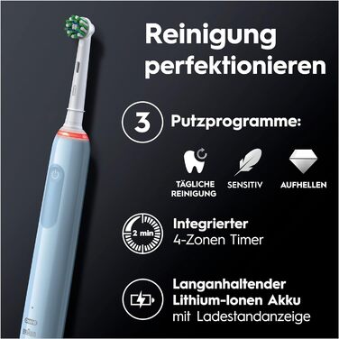 Електрична зубна щітка Oral-B PRO 3 3000, 2 чутливі щітки для чищення, 3 режими чищення та візуальний контроль тиску на 360 для догляду за зубами, подарунок чоловік/жінка, синій сингл синій