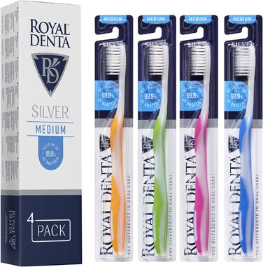 Зубні щітки Royal Denta Silver Medium 4 Pack - щетина подвійної довжини для чищення міжзубних проміжків, антибактеріальні частинки срібла, видалення зубного каменю, середньої сили, багатобарвна