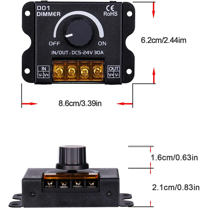 В 12 В 24 В 30 А радіочастотна світлодіодна стрічка Диммер ШІМ-контролер затемнення Бездротове керування або за допомогою кнопки для регулювання яскравості Підходить для світлодіодних стрічок Світлодіодний диммер, 5