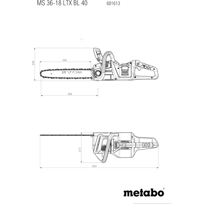 Акумуляторна ланцюгова пила Metabo MS 36-18 LTX BL 40 (18 В, довжина різання 40 см, акумуляторна ланцюгова пила, автоматичне змащення ланцюга, крок зубців 3/8')