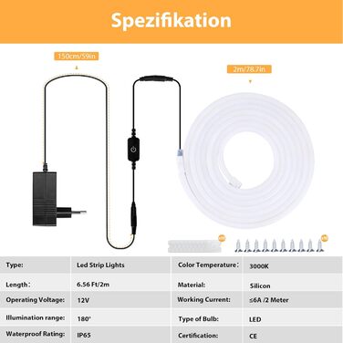 Світлодіодна стрічка Lamomo 2M, тепла біла неонова світлодіодна стрічка 12 В з можливістю затемнення, водонепроникна світлодіодна стрічка 3000K, силіконова гнучка стрічка зі світлодіодною стрічкою своїми руками з джерелом живлення та контролером для внутр