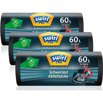 Мішки для сміття Swirl Heavy Duty 60 л (3 x 12 мішків), мішки для сміття з практичним шнурком, захищені від крапель і проколів мішки для сміття для важких відходів з дому та саду Чорний 12 шт. (3 упаковки)