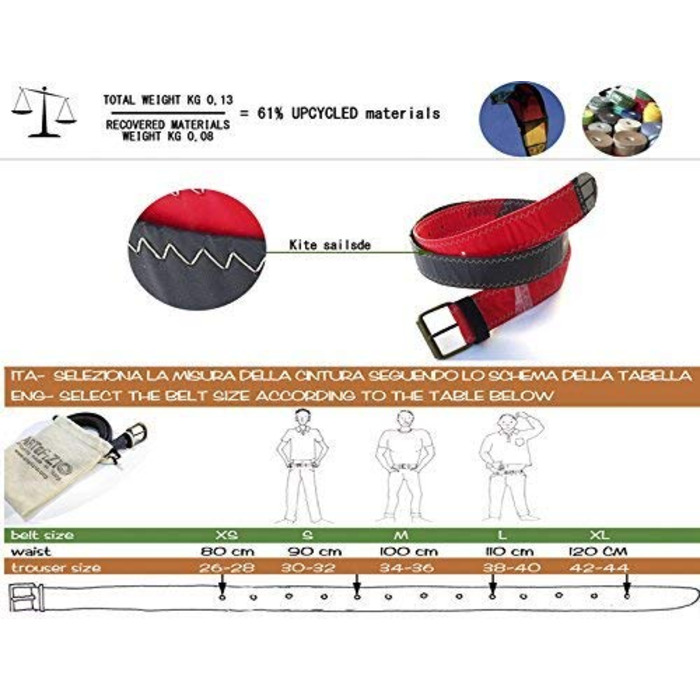 Пояс повітряного змія червоний унісекс - Ручна робота в Італії з переробленими вітрилами Кайтсерфінг