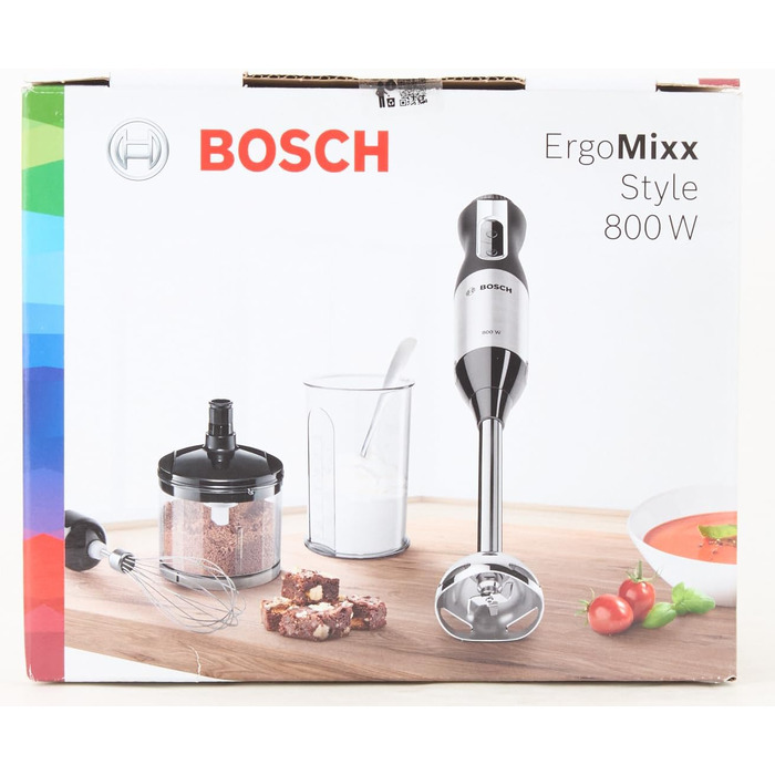 Ручний блендер Bosch ErgoMixx Style MS6CM4150, ніжка блендера з нержавіючої сталі, чашка для змішування та вимірювання, віночок, 4-лезовий ніж, ергономічний дизайн, 12 рівнів плюс турбо, 800 Вт, L-подрібнювач з нержавіючої сталі 500 мл