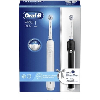 Електричні зубні щітки Oral-B Pro 1 790 Sensitive (2 шт. и) з акумуляторними ручками, технологія Braun, 1 запасна головка, зарядний пристрій і датчик тиску, біла і чорна, оригінальні подарунки