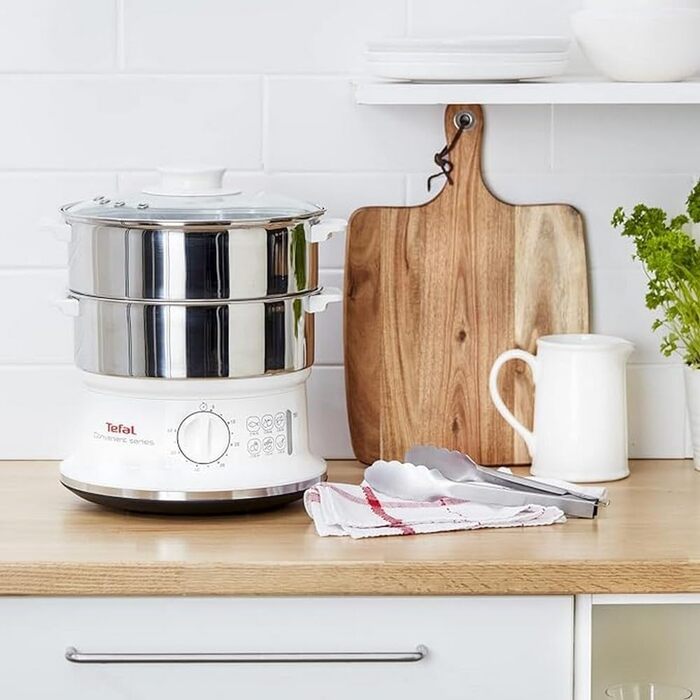 Відпарювач Tefal VC1451 2 контейнери з нержавіючої сталі Ємність 6 л Діаметр 24 см Таймер і автоматичне відключення 900 Вт Біла ЗРУЧНА СЕРІЯ