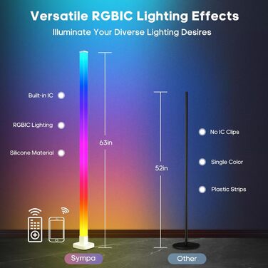 Світлодіодний торшер sympa RGB для вітальні, торшер з регулюванням яскравості за допомогою пульта дистанційного керування та керування програмою, 16 мільйонів кольорів, 58 сюжетних режимів, музичні режими, режим і хронометраж, функція для ігор у спальні (