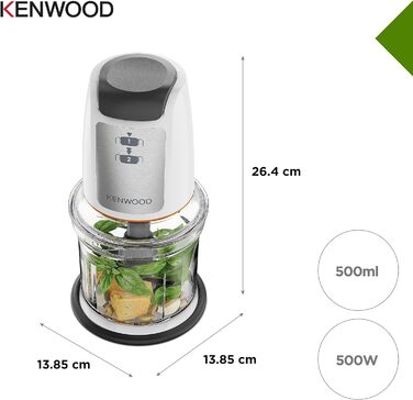 Подрібнювач Kenwood Easy Chop CHP61.100WH, електричний міні-універсальний подрібнювач з 2 налаштуваннями швидкості, робочий контейнер 0,5 л, 500 Вт, білий робочий контейнер 0,5 л 500 Вт