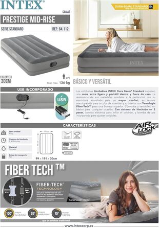 Надувне ліжко Intex Twin Dura-Beam Prestige 99 см x 191 см x 30 см з USB-насосом Fastfill