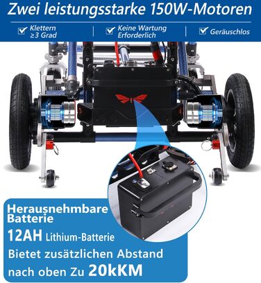 Портативні електричні інвалідні коляски Broobey з вуглецевого волокна для дорослих, легка електрична інвалідна коляска для людей похилого віку Support 120 кг, електричні інвалідні візки складні, 25 км Long Range Blue