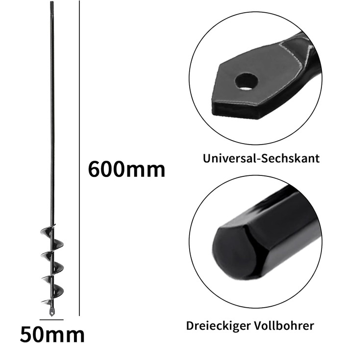 Садовий спіральний дриль Ø50 мм Довжина 600 мм, Земляний шнек для бура, Свердло для рослин, Садовий бур, для акумуляторного шуруповерта, Наземний бур Квіткові кашпо Равлик для копання ям 5x60 см