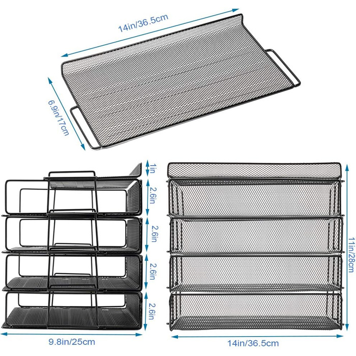 Штабельований лоток для листів з 4 ярусами, штабельований, з настільною підставкою, папкою, папкою, листами, папером, металевими настільними лотками, чорний