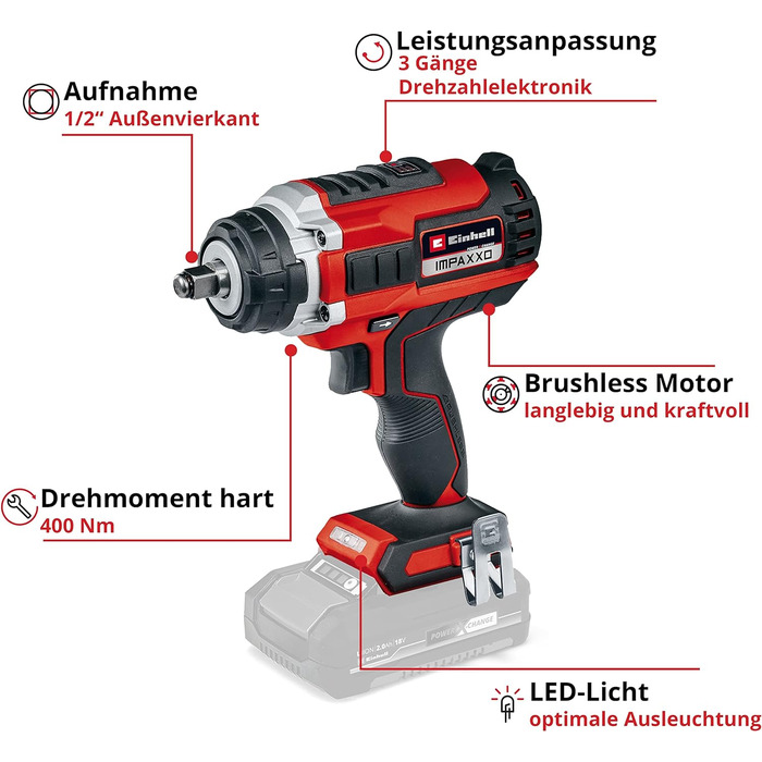 Акумуляторний ударний гайковерт Einhell Professional IMPAXXO 18/400 Power X-Change (Li-Ion, 18 В, 400 Нм, 3-ступінчаста коробка передач, безщітковий двигун, поставка без акумулятора та зарядного пристрою) без акумулятора та зарядного пристрою