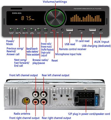 Цифровий MP3 плеєр для автомобіля, з USB-портом, сумісний з Bluetooth, Гучний зв'язок, AUX-вхід, Радіоприймач, Мультибарвна мультимедіа