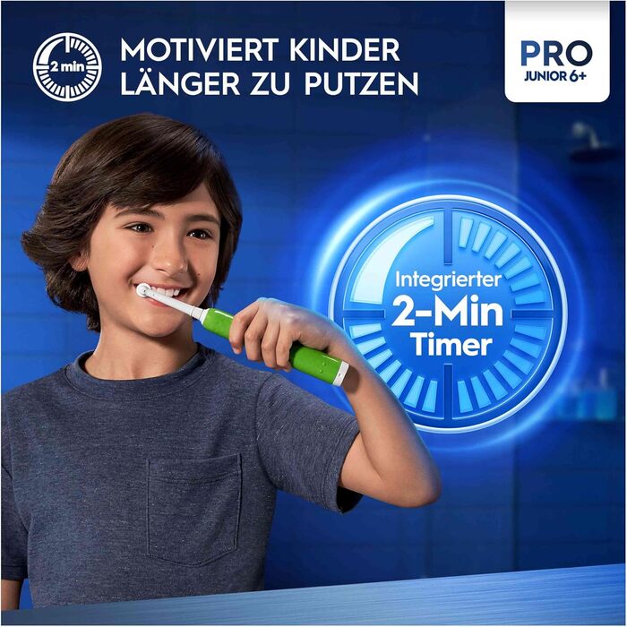 Електрична зубна щітка Oral-B Pro Junior для дітей віком від 6 років, датчик тиску, 3 режими чищення, включаючи чутливу для догляду за зубами, мяка щетина та таймер, розроблений Braun, зелений