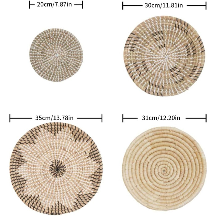 Плетений настінний кошик, набір з 5 шт. , різні розміри Декор плетеного кошика Круглий плоский плетений кошик з морської трави Настінне мистецтво для домашнього прикраси стін, настінних скульптур