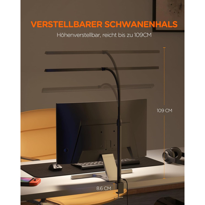 Настільна лампа Tomons Затискна світлодіодна лампа з регулюванням яскравості, настільна лампа для вітальні з пультами дистанційного керування, 24 Вт 80 см приліжкова лампа денного світла для монітора, навчання, офісу, читання