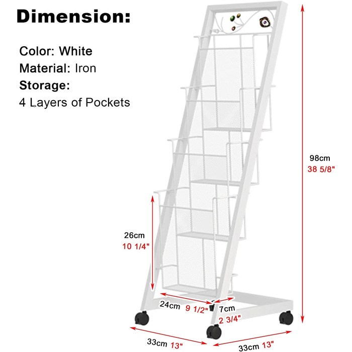Підлогова підставка для журналів, 4-рівнева стійка для брошур з колесами, портативна стійка для зберігання інформації для комерційних офісів (Колір Білий) Білий
