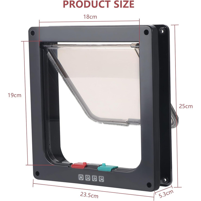 Стороння засувка Котячі двері Двері для домашніх тварин для внутрішніх зовнішніх дверей Віконна стіна, чорна (зовнішній розмір 25x23.5 см) L Чорний, 4-