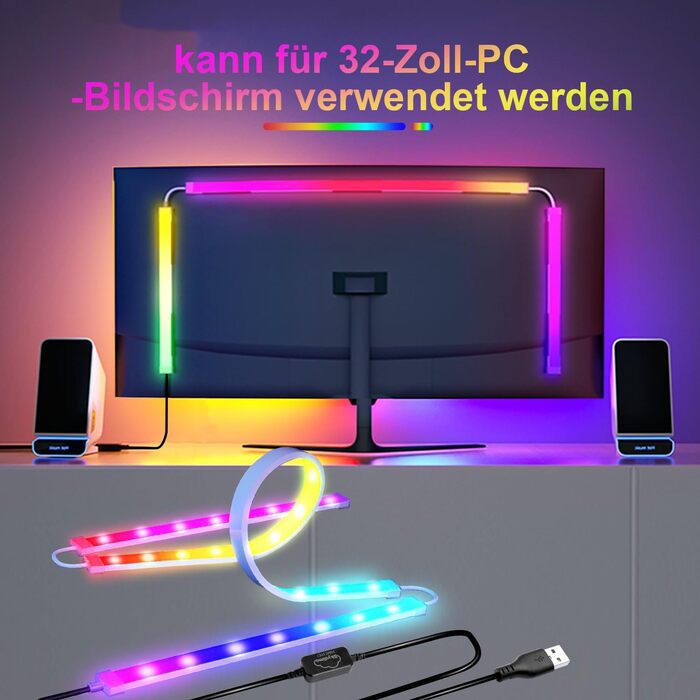 Неонова світлодіодна стрічка Herrselsam RGBIC Світлодіодна стрічка 111 см, підсвічування ПК, світлодіодне освітлення USB з керуванням програмою, (для 32-дюймового монітора ПК, 1 упаковка)