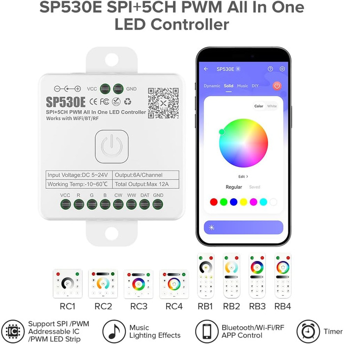 В-1 WiFi світлодіодний контролер DC5V24V Bluetooth світлодіодний контролер сумісний з Alexa Google Home Розумне голосове керування для 5CH PWM RGB CCT RGBW SPI світлодіодна стрічка WS2812B 2.4G радіочастотний пульт дистанційного керування SP530E 12-в-1 Wi