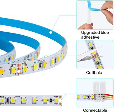 Світлодіодна стрічка KWODE, 3-метрова світлодіодна стрічка з можливістю затемнення 3000K тепла біла та 6000K холодна біла стрічка, світлодіодна стрічка 12 В із джерелом живлення та пультом дистанційного керування для стелі, кухні, спальні Багатобарвна 3M