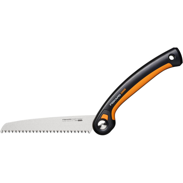 Складна пила Fiskars Plus, для товстих колод і гілок, 3 положення різання, гостре лезо з електроприводом, груба зубчастість, довжина леза 21 см, чорний/помаранчевий, пила SW69, 1067553 (полотно 20 см)