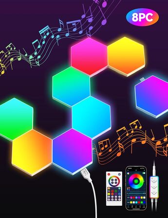 Настінний світильник з дистанційним керуванням, Music Sync, APP Control, Smart Hexagon Lamp for Room Decoration, Gaming, 8 шт., LED Hexagon Gaming Wall Light, RGB Hexagon Honeycomb