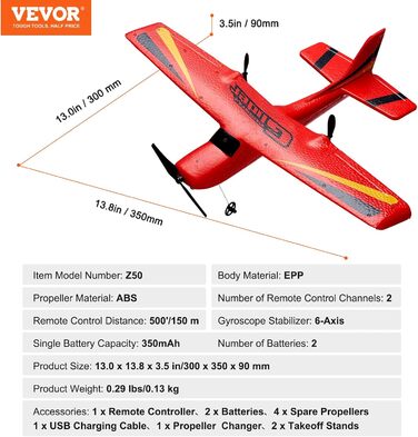 Літак VEVOR RC, 2.4 ГГц 2-канальний літак на дистанційному управлінні з 6-осьовим гіростабілізатором, готова до польоту іграшка-літак з 2 батарейками, планер на радіокеруванні для дітей, початківців, червоний