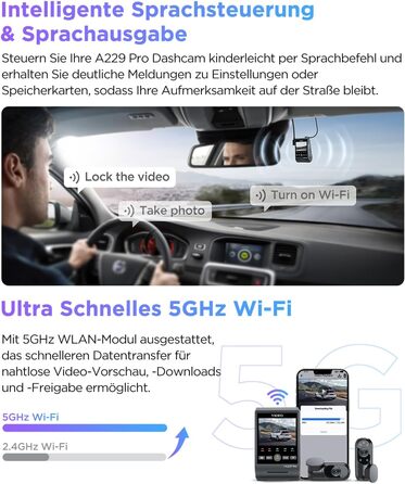 Об'єктив VIOFO A229 Pro 3 4K 2K 1080P, подвійний STARVIS 2, HDR спереду та ззаду всередині відеореєстратора, голосове керування та автомобільна камера Wi-Fi 5 ГГц, надточний GPS, супернічне бачення 2.0, голосовий вихід, 512 ГБ Макс