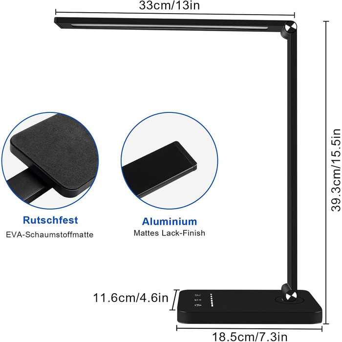 Настільна лампа Electight з адаптером, складна настільна лампа із захистом очей з 50 світлодіодами, 5 колірна температура, плавне затемнення, USB-порт для зарядки смартфонів, сенсорне керування, таймер 30/60 хв чорний