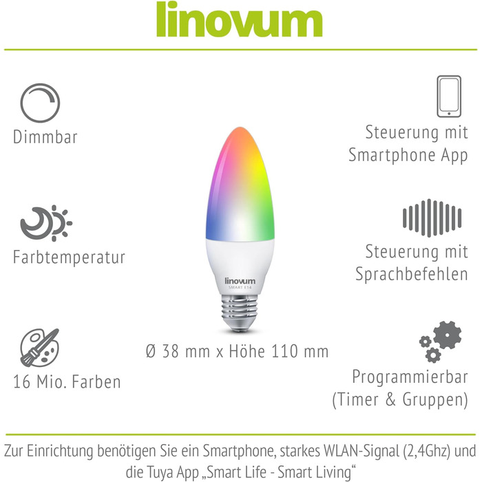 Світлодіодні лампи linovum E14 Smart RGB WLAN, сумісні з Alexa Echo, Google Home - додаток і голосове керування Затемнене світло Color CCT ()