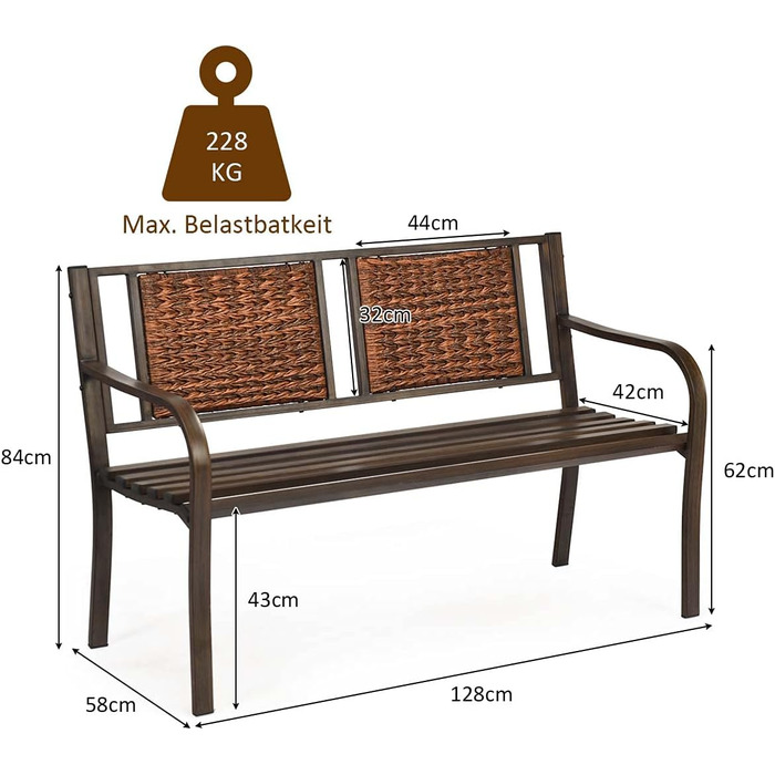 Лавка садова COSTWAY металева, лавка для 2-3 місця до 226 кг з навантаженням, терасна лавка зі спинкою з ротанга та підлокітником, лавка для парку Лавка на балконі Залізна лавка для тераси, балкона, саду, 128 x 58 x 84 см