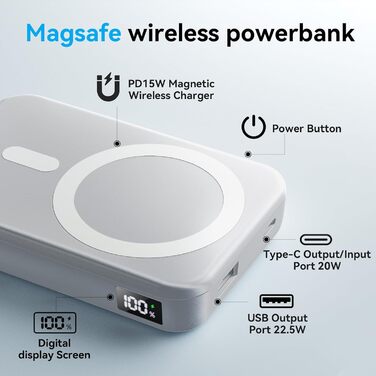 Сумісний із Magsafe PowerBank 12000, PD 22,5 Вт із швидкою зарядкою бездротового зарядного пристрою з входами та виходами USB-C і світлодіодним дисплеєм для iPhone 15/14/13/12/Pro/Pro Max